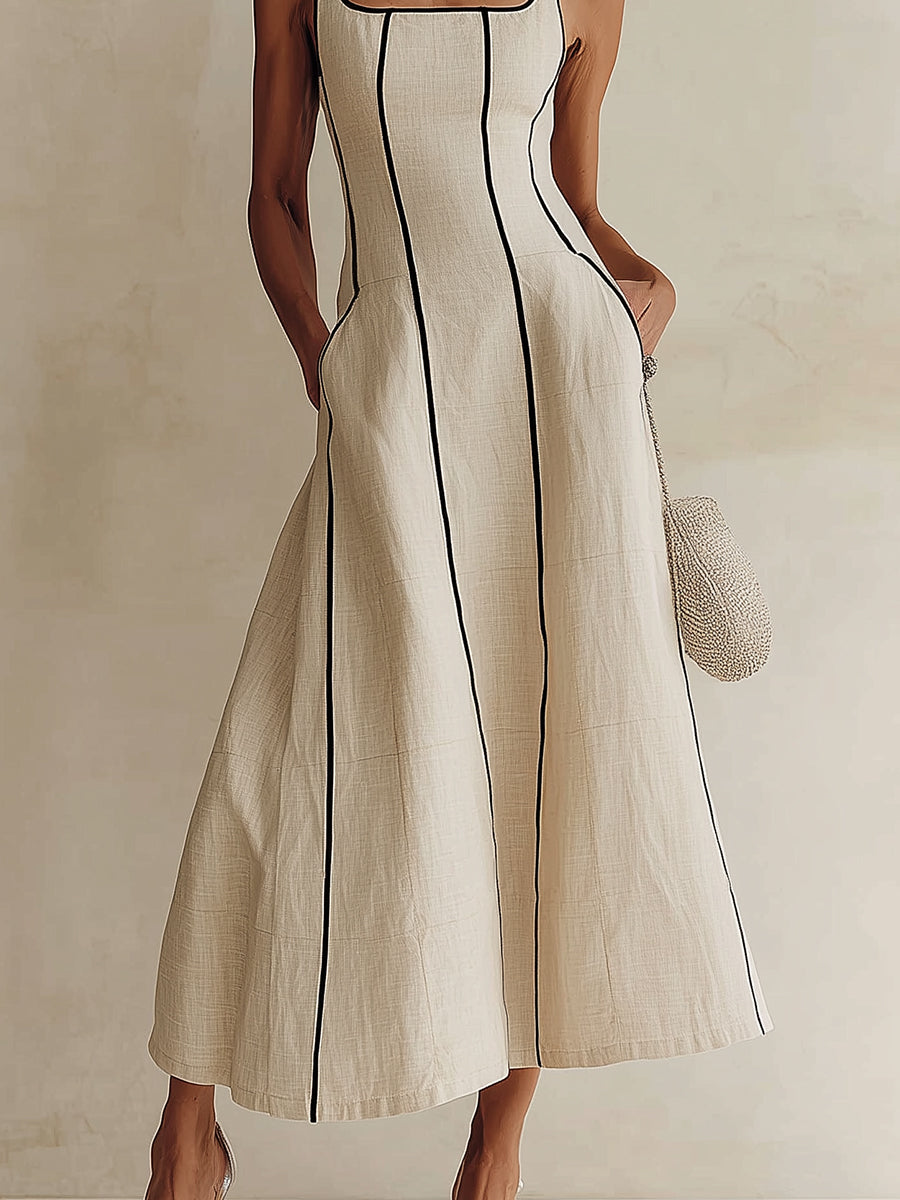 Camille | Vestido Maxi A-Line de Rayas en Lino, Borde Negro