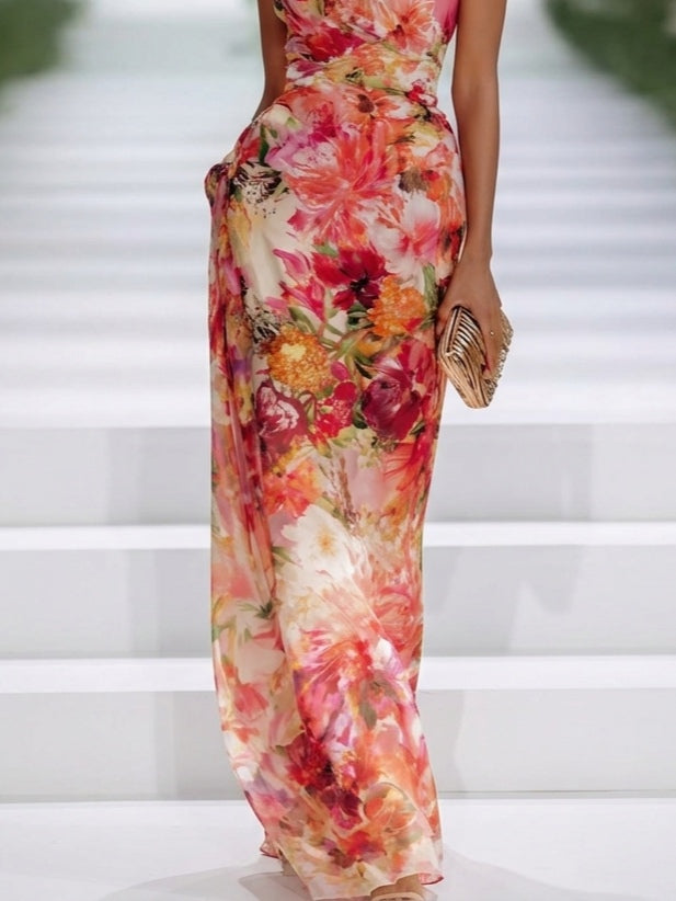 Abito Maxi in Chiffon Rosso con Scollo Halter