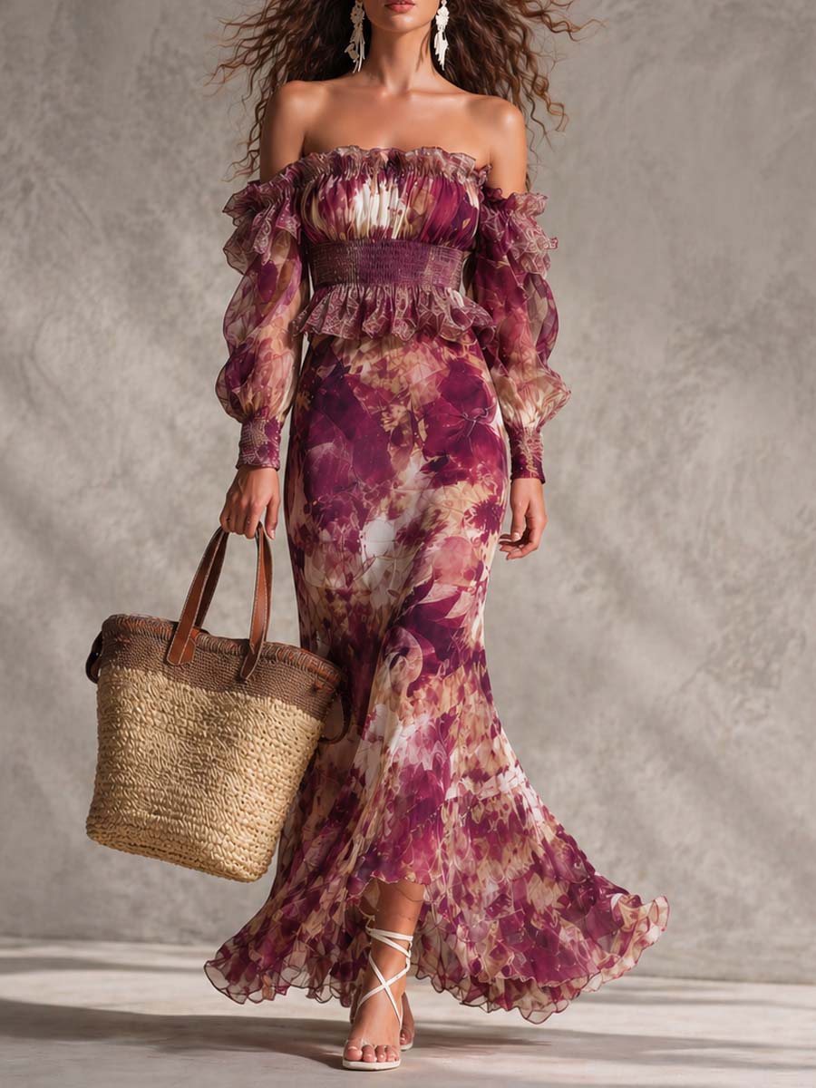 Abito Maxi in Chiffon Rosa con Spalle Scoperte