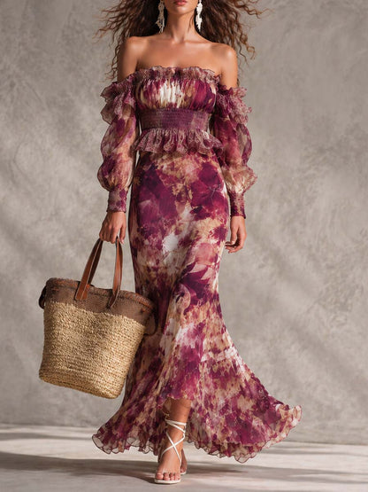 Abito Maxi in Chiffon Rosa con Spalle Scoperte