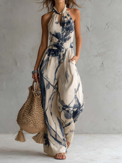 Jumpsuit a Scollo Halter con Stampa Inchiostro