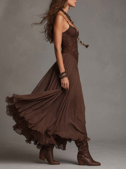 Federica | Vestido Maxi de Chifón y Encaje Marrón