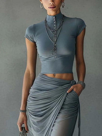 Set T-Shirt Blu e Gonna Drappeggiata in Rete