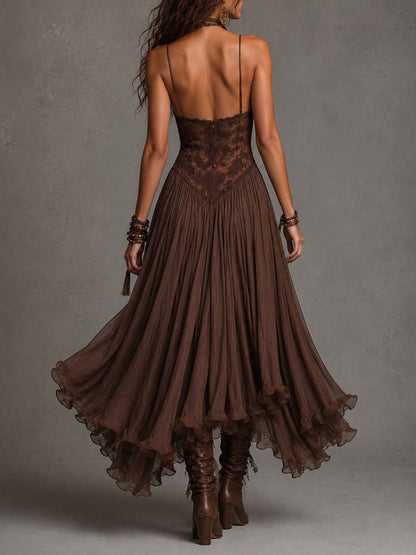Federica | Vestido Maxi de Chifón y Encaje Marrón