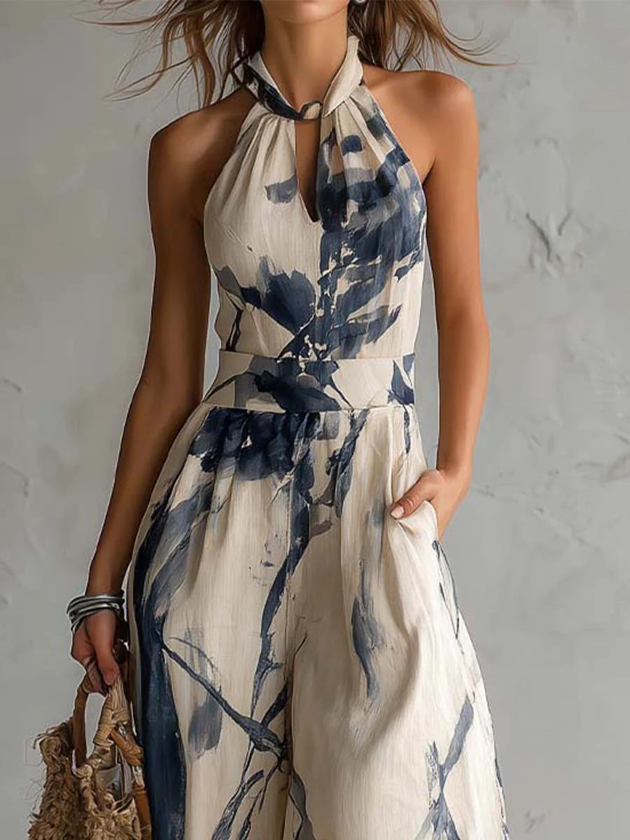 Jumpsuit a Scollo Halter con Stampa Inchiostro