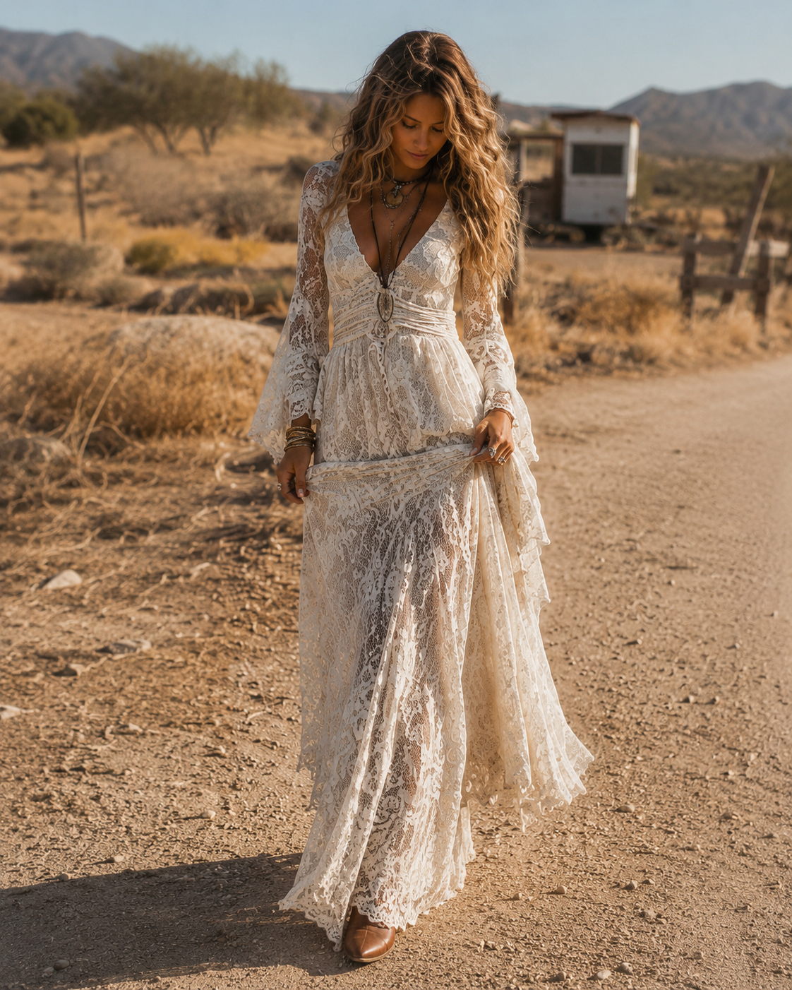 Serena | Vestido Maxi de Encaje con Mangas de Campana, Marfil