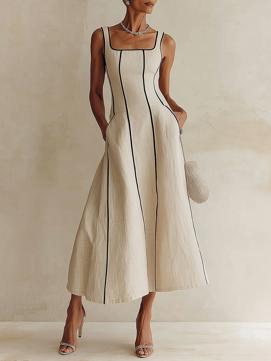 Camille | Vestido Maxi A-Line de Rayas en Lino, Borde Negro