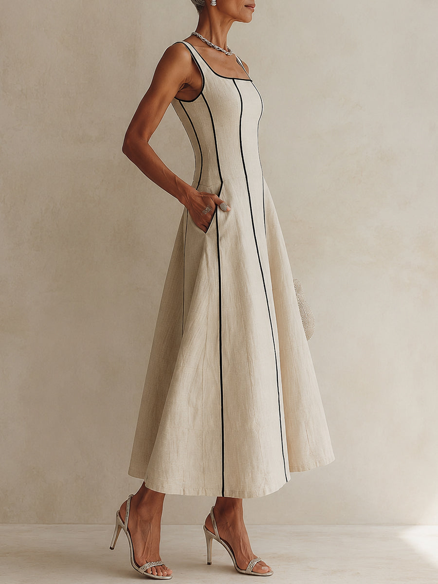 Camille | Vestido Maxi A-Line de Rayas en Lino, Borde Negro