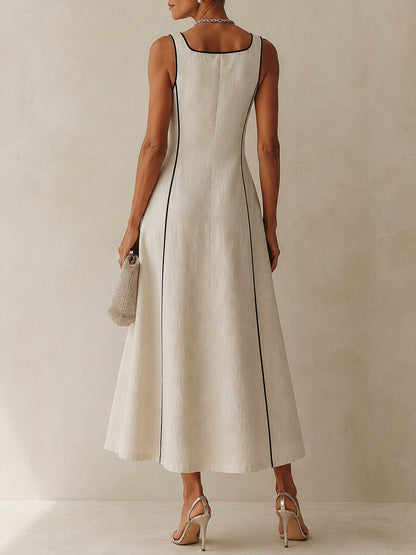 Camille | Vestido Maxi A-Line de Rayas en Lino, Borde Negro