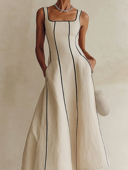 Camille | Vestido Maxi A-Line de Rayas en Lino, Borde Negro