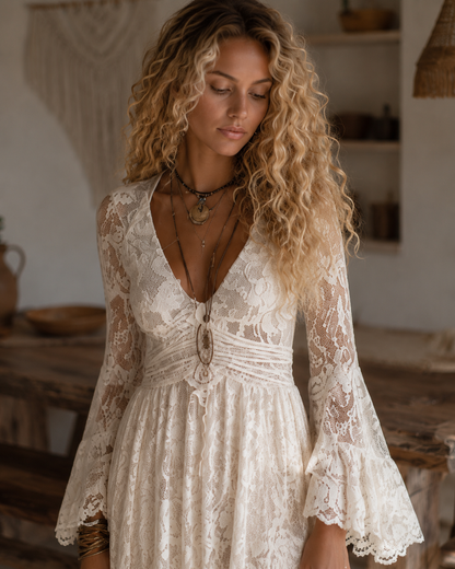 Serena | Vestido Maxi de Encaje con Mangas de Campana, Marfil