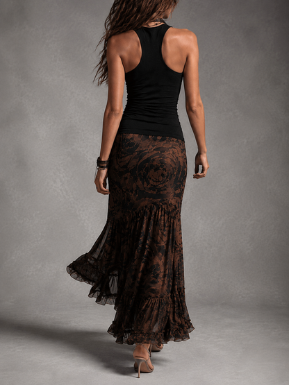 Rossana | Conjunto Dos Piezas Top Halter Negro y Falda Maxi de Malla con Rosas