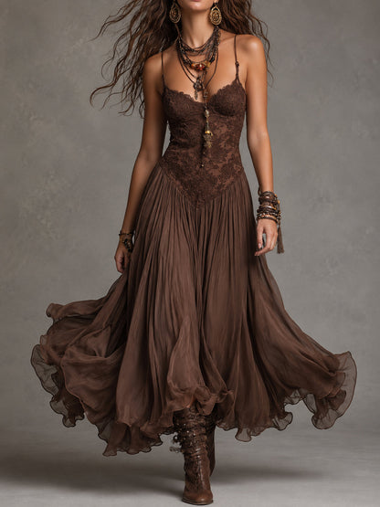 Federica | Vestido Maxi de Chifón y Encaje Marrón