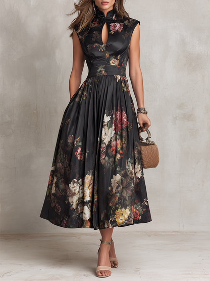 Abito Midi in Satin Pieghettato con Collo a Chiave Nera