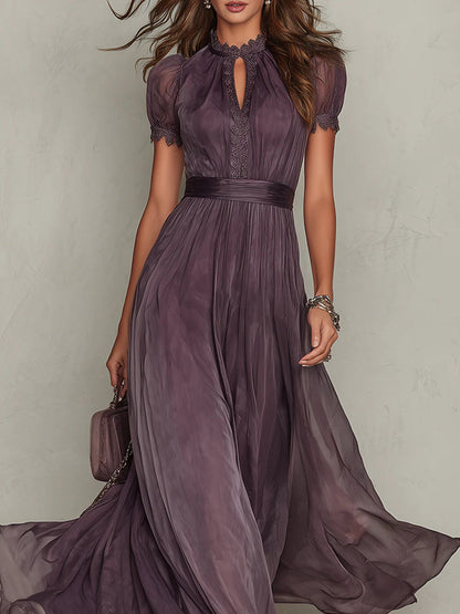 Abito Maxi in Chiffon con Collo a Fessura Viola