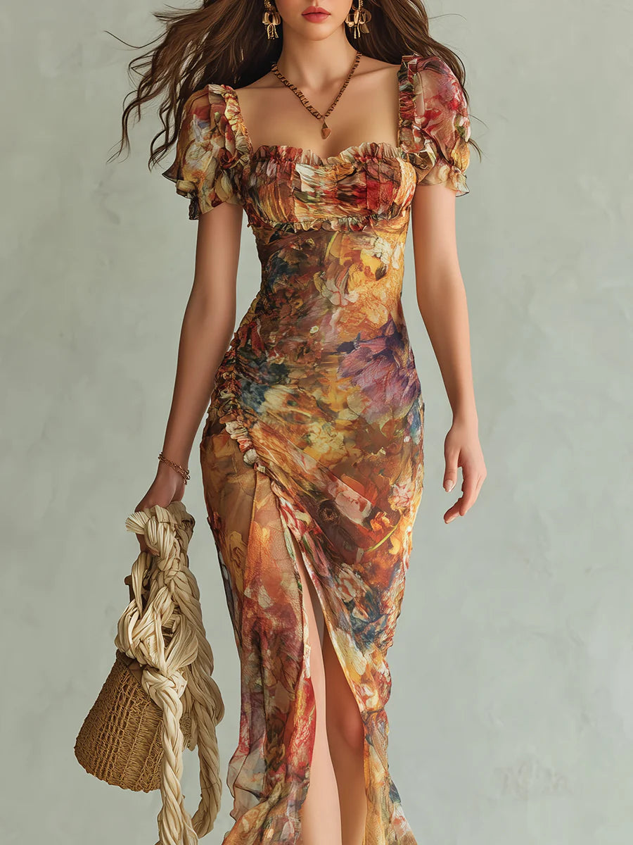 Abito Maxi in Chiffon Arancione Stampa ad Olio