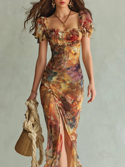 Abito Maxi in Chiffon Arancione Stampa ad Olio