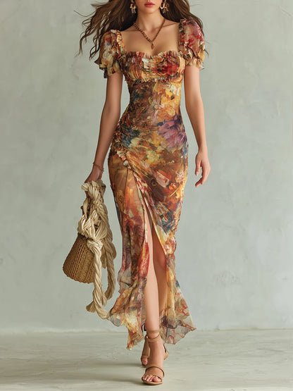 Abito Maxi in Chiffon Arancione Stampa ad Olio