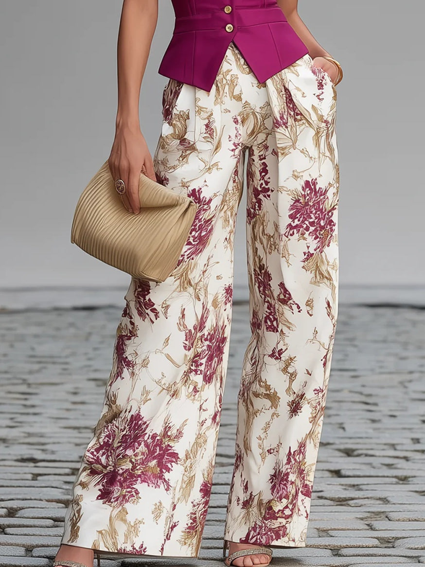 Set Gilet Rosa e Pantaloni Ampi a Fiori
