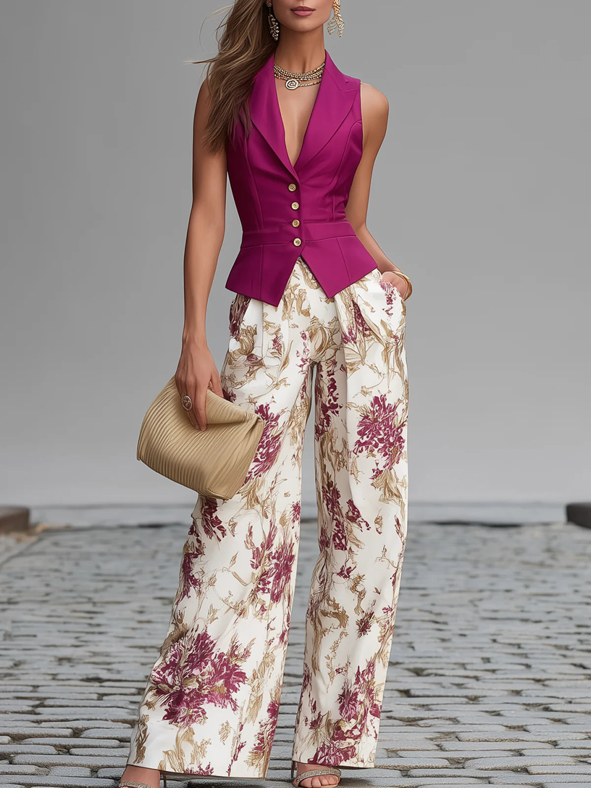 Set Gilet Rosa e Pantaloni Ampi a Fiori