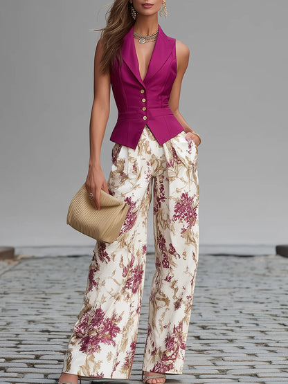 Set Gilet Rosa e Pantaloni Ampi a Fiori