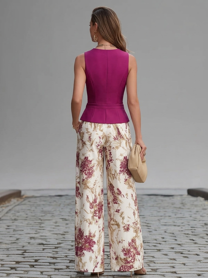 Set Gilet Rosa e Pantaloni Ampi a Fiori