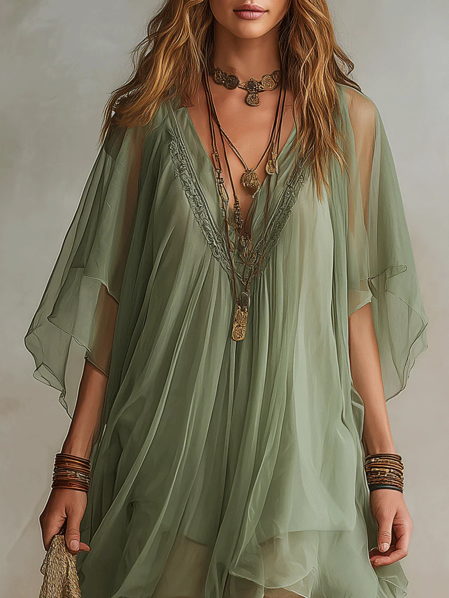 Abito Mini Fluttuante in Chiffon Verde con Scollo a V
