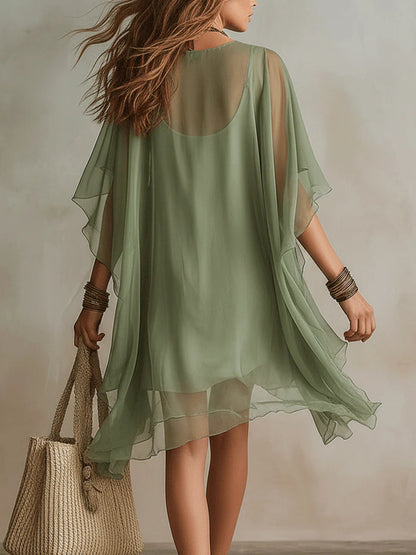 Abito Mini Fluttuante in Chiffon Verde con Scollo a V