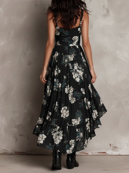 Abito Maxi Senza Spalline con Stampa Floreale Nera
