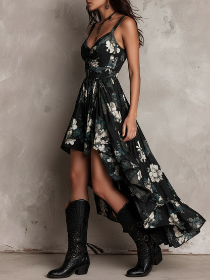 Abito Maxi Senza Spalline con Stampa Floreale Nera