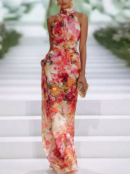 Abito Maxi in Chiffon Rosso con Scollo Halter