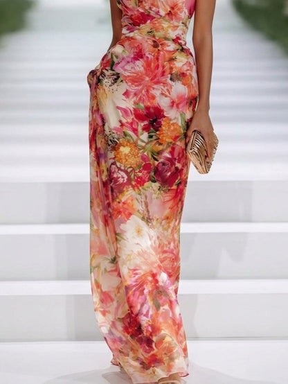Abito Maxi in Chiffon Rosso con Scollo Halter