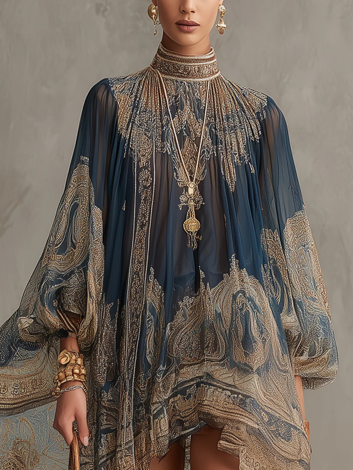 Abito Mini in Chiffon con Stampa Barocca Blu Navy