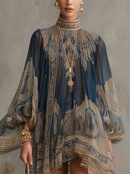 Abito Mini in Chiffon con Stampa Barocca Blu Navy