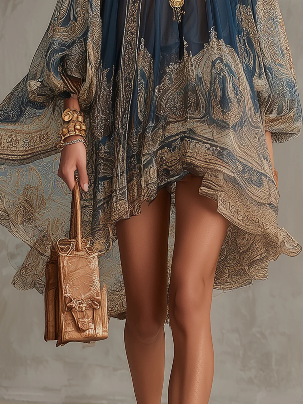 Abito Mini in Chiffon con Stampa Barocca Blu Navy