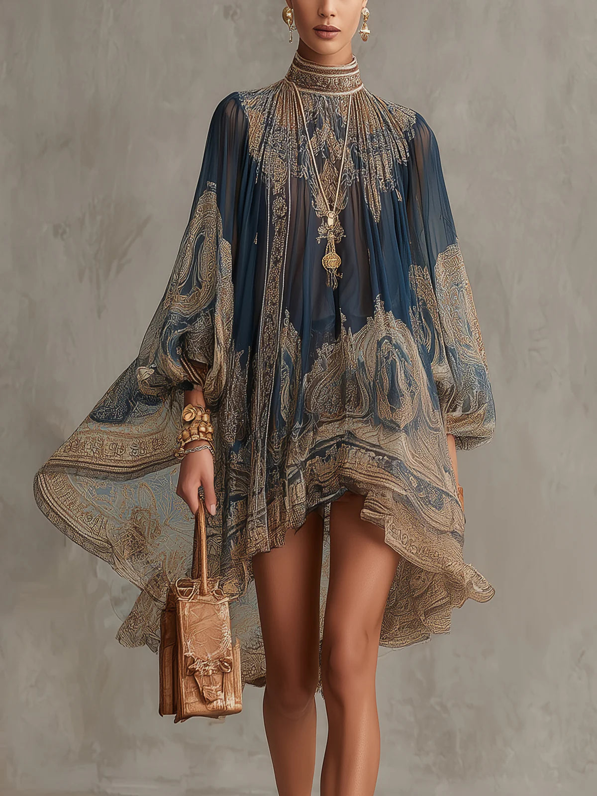 Abito Mini in Chiffon con Stampa Barocca Blu Navy