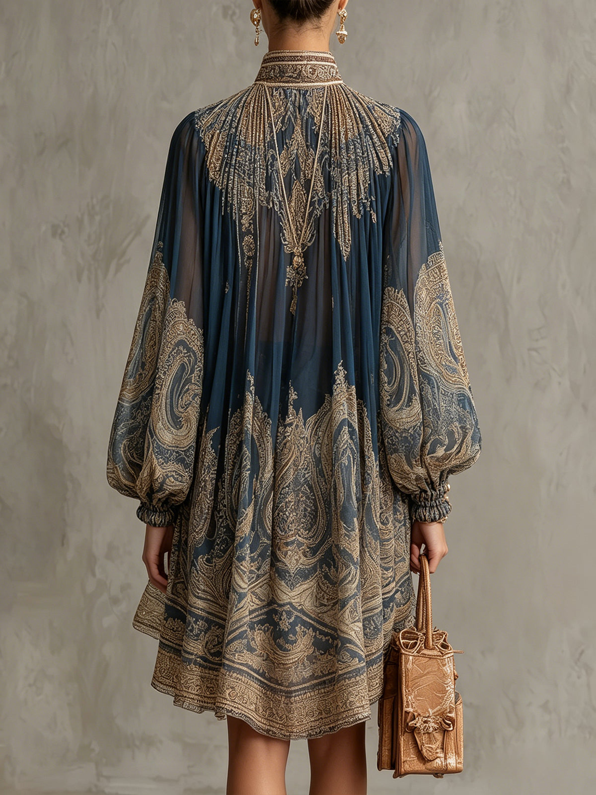 Abito Mini in Chiffon con Stampa Barocca Blu Navy