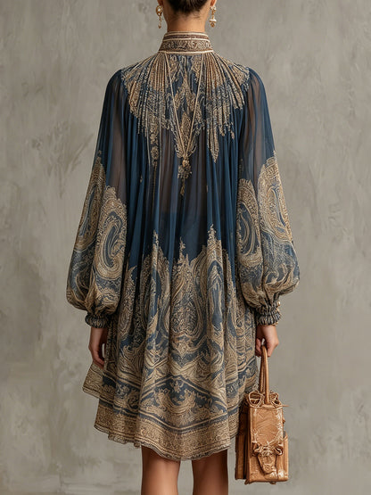 Abito Mini in Chiffon con Stampa Barocca Blu Navy