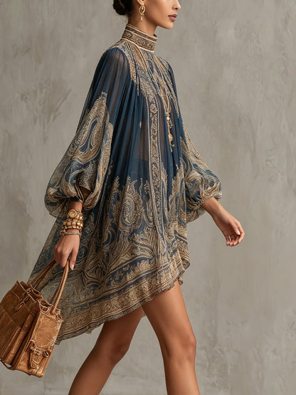 Abito Mini in Chiffon con Stampa Barocca Blu Navy