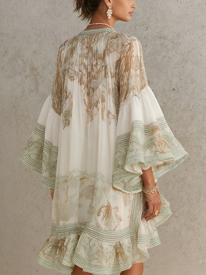 Abito Mini in Chiffon con Righe e Maniche a Volant Verde