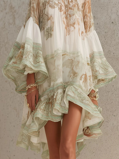 Abito Mini in Chiffon con Righe e Maniche a Volant Verde