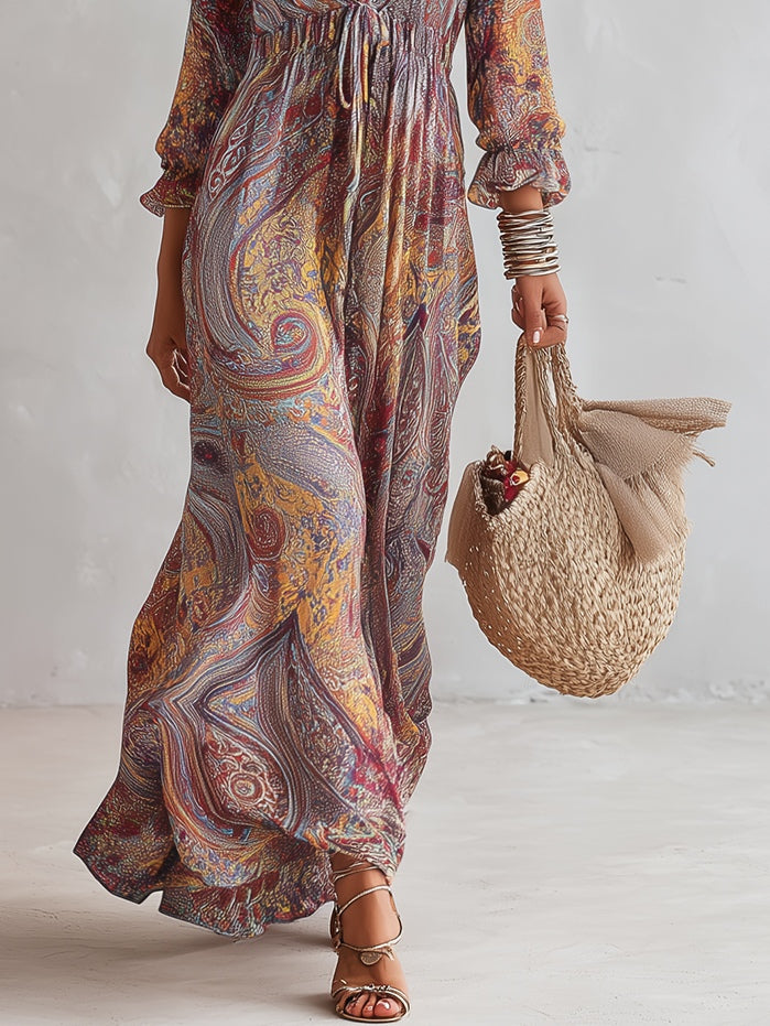 Abito Maxi in Chiffon con Stampa Paisley e Scollo a V