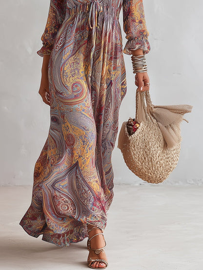 Abito Maxi in Chiffon con Stampa Paisley e Scollo a V