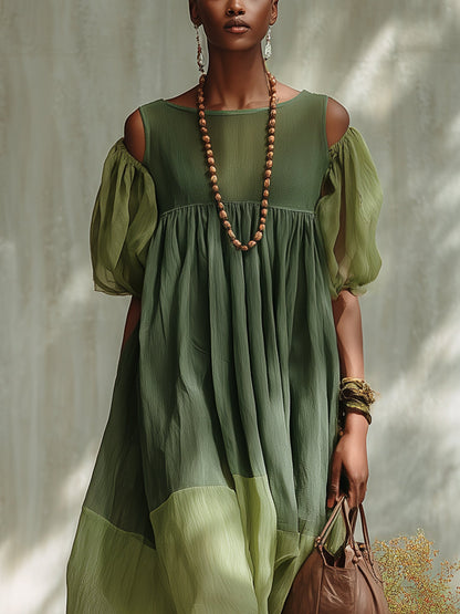 Abito Midi in Chiffon Verde con Spalle Scoperte