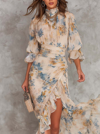Abito Maxi in Chiffon Irregolare con Stampa Floreale