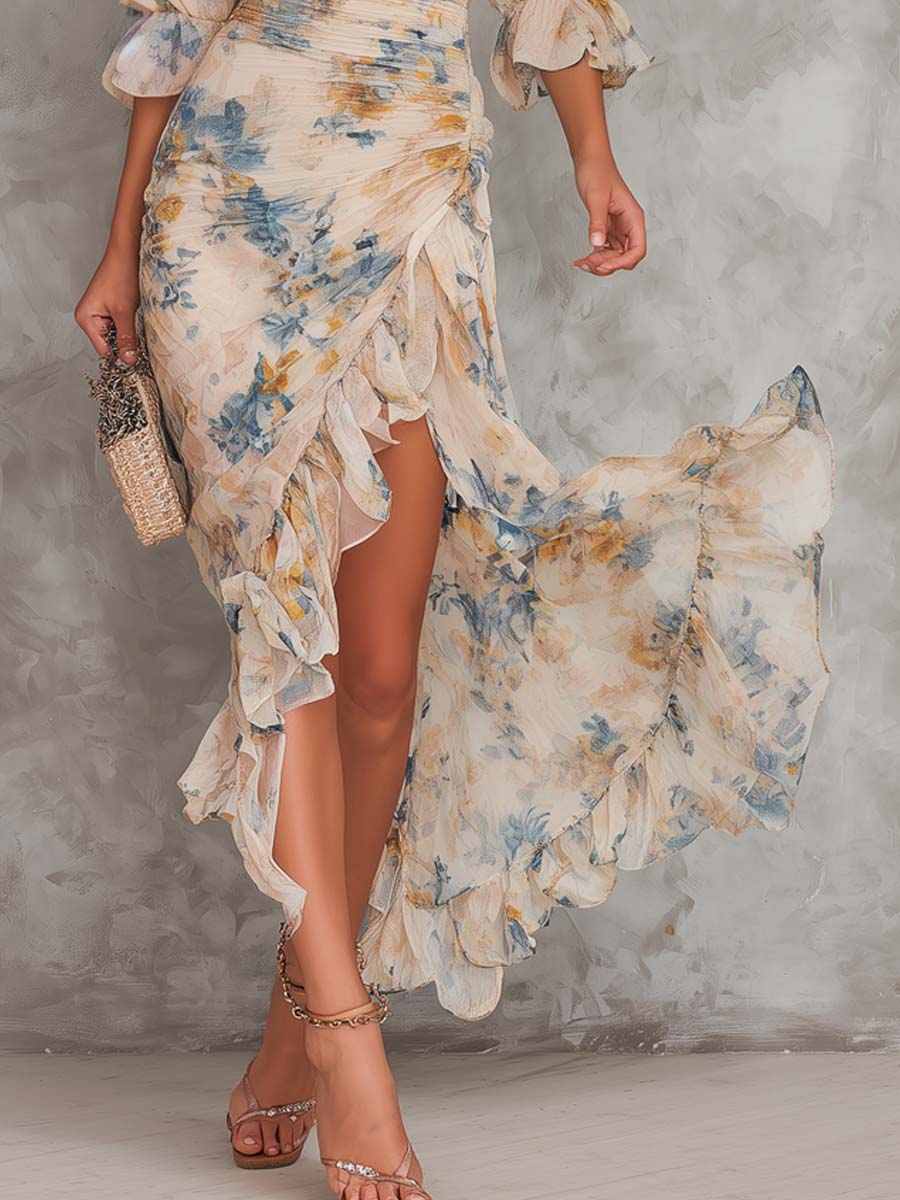 Abito Maxi in Chiffon Irregolare con Stampa Floreale