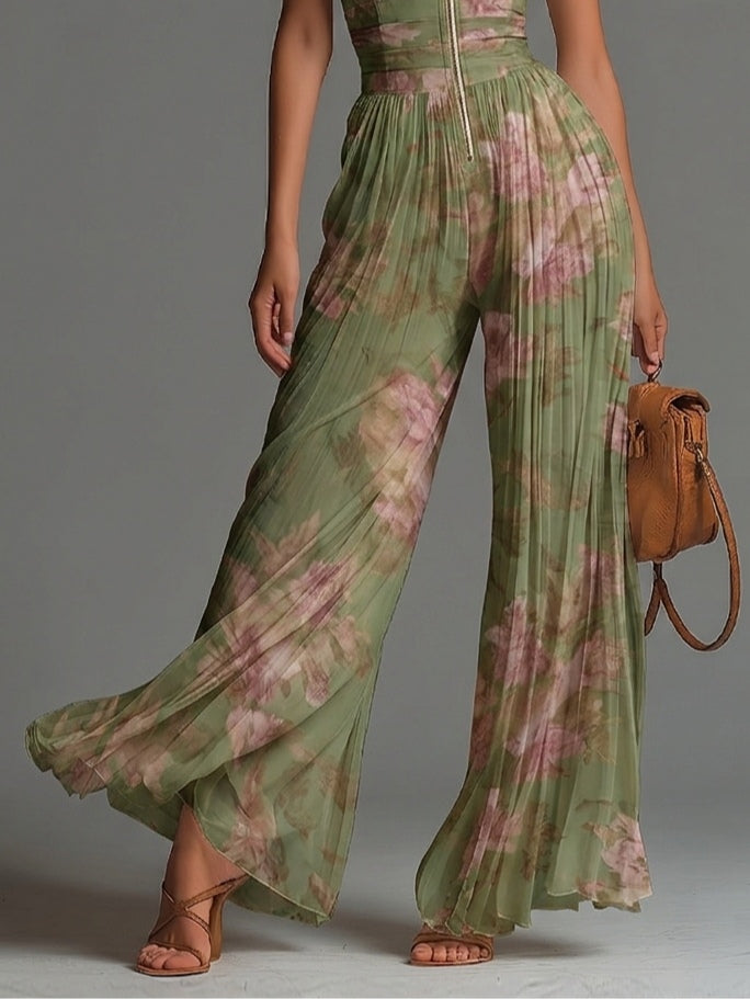Tuta in Chiffon Verde Floreale Senza Maniche con Zip