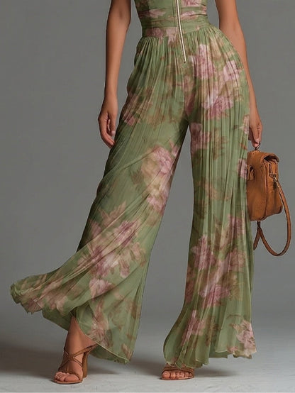 Tuta in Chiffon Verde Floreale Senza Maniche con Zip