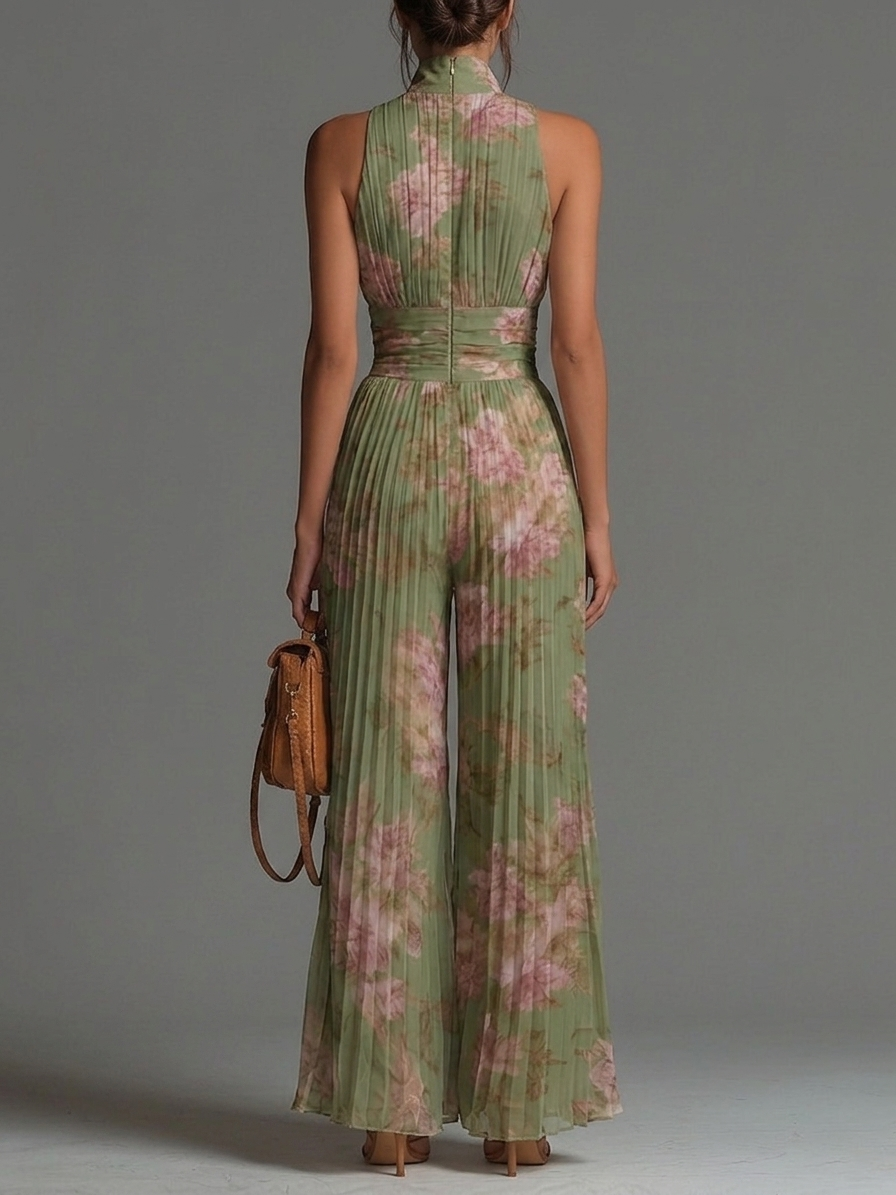 Tuta in Chiffon Verde Floreale Senza Maniche con Zip