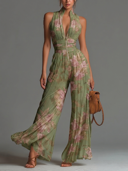 Tuta in Chiffon Verde Floreale Senza Maniche con Zip
